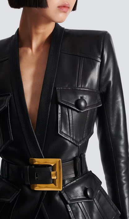 Button Belted Leather Jacket