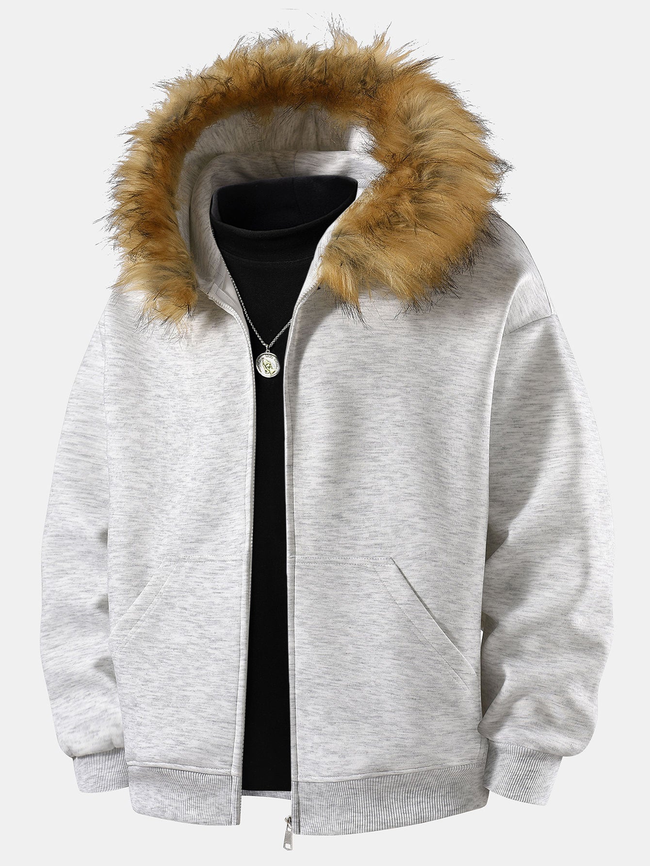 Relax Fit Faux Fur Collar Zip-Up Hoodie