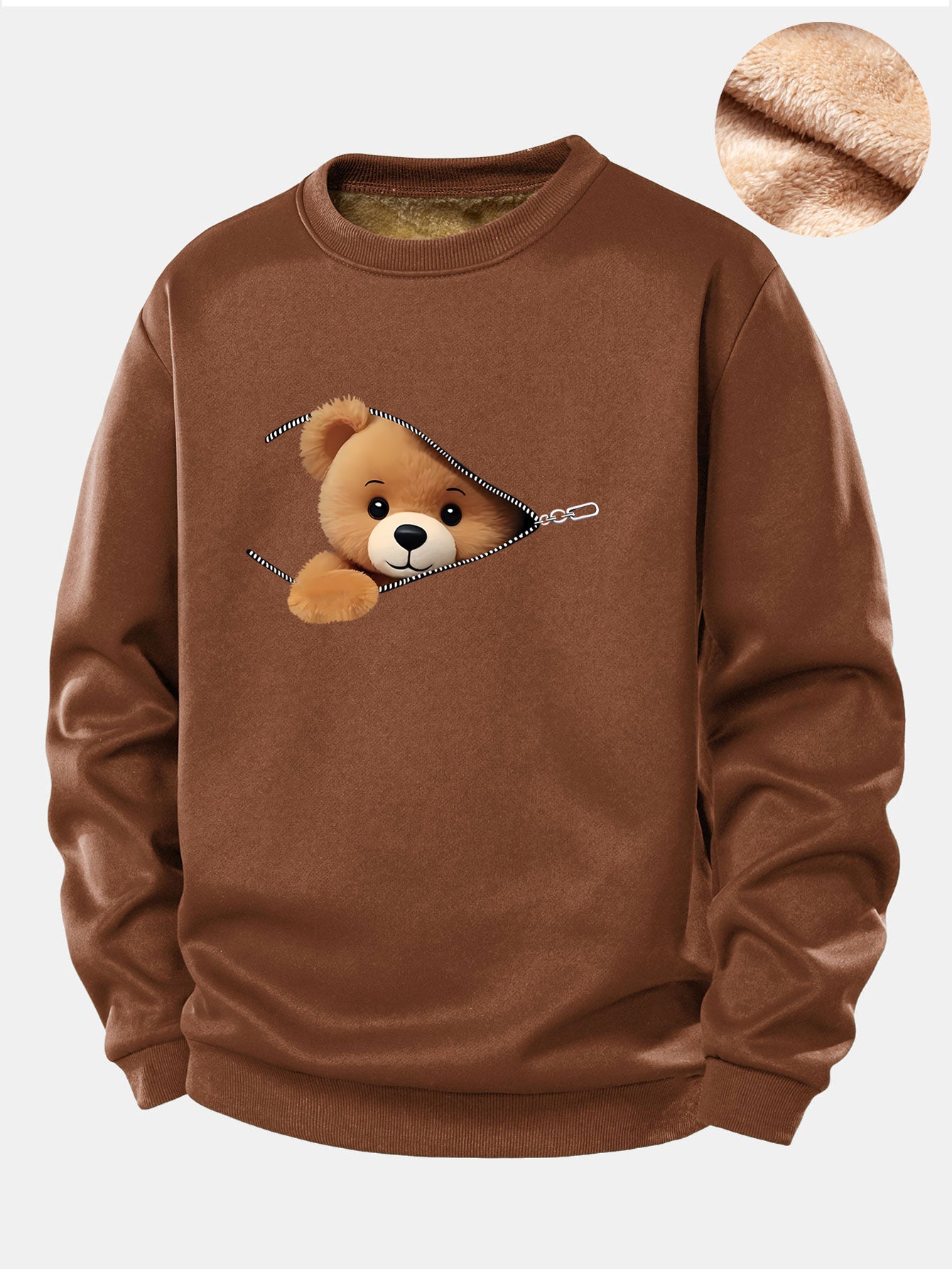Zipper Bear Print Teddy Fleece Lined Sweatshirt