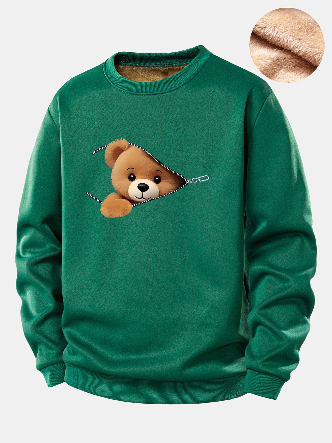 Zipper Bear Print Teddy Fleece Lined Sweatshirt