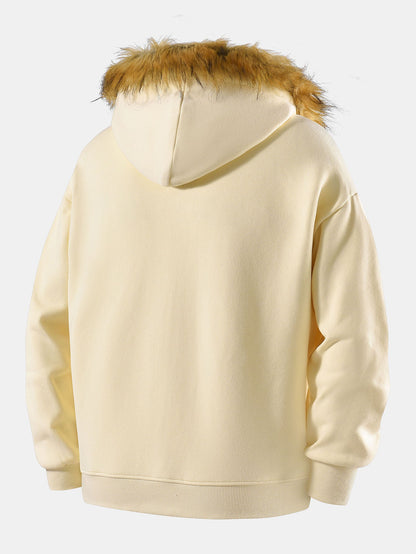 Relax Fit Faux Fur Collar Zip-Up Hoodie