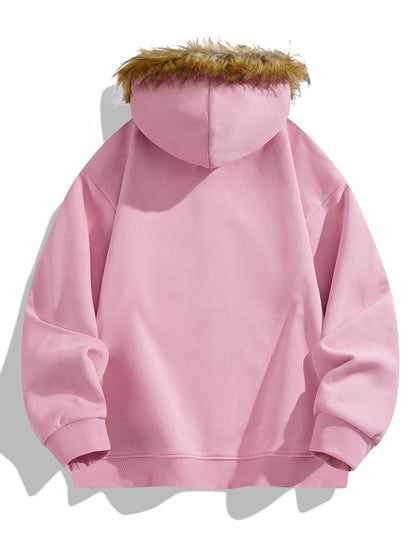 Relax Fit Faux Fur Collar Zip-Up Hoodie