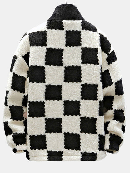 Teddy Fleece Checkerboard Stand Collar Jacket