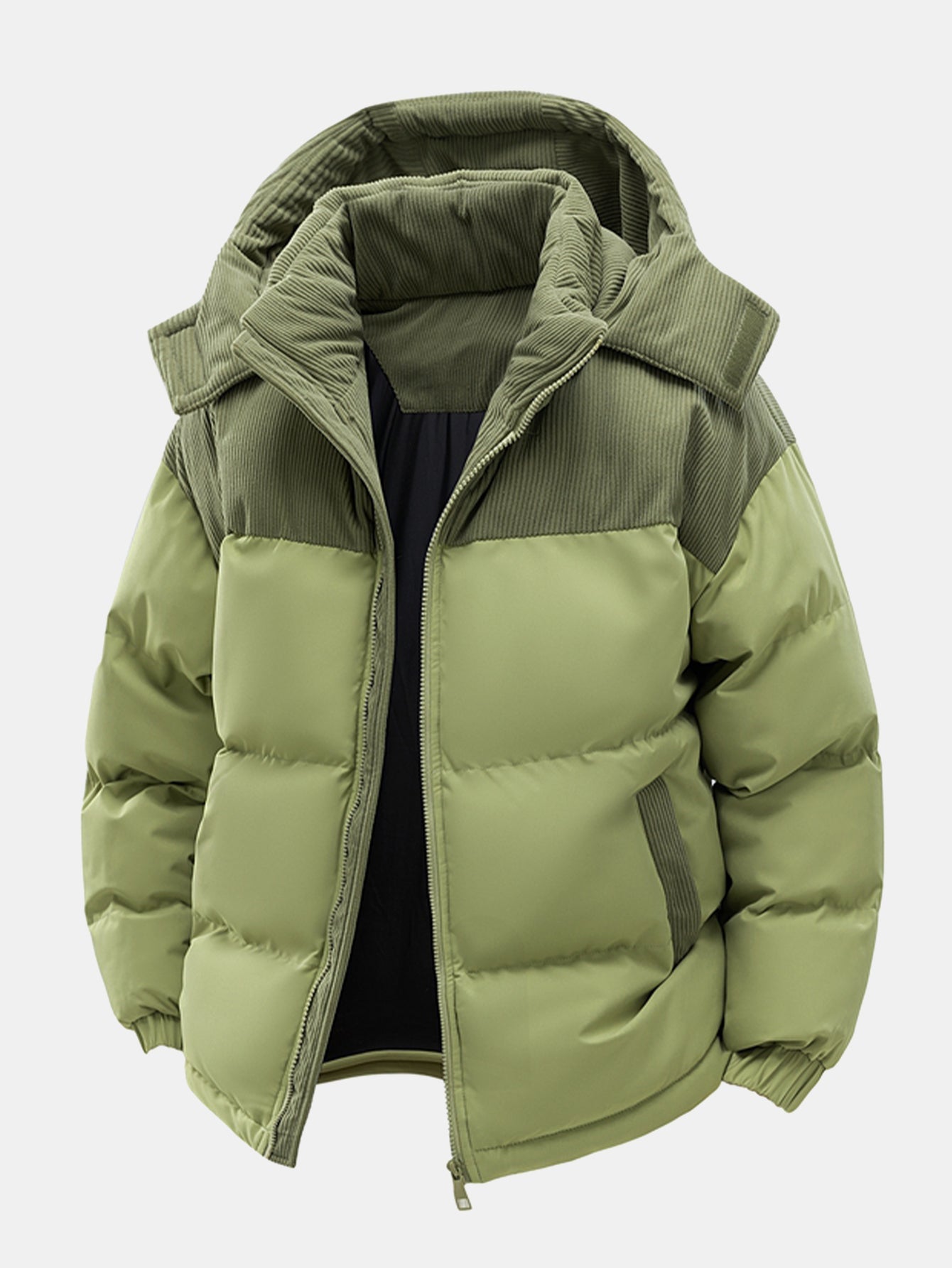 Corduroy Patchwork Hooded Puffer Jacket