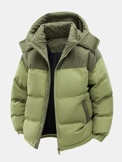 Corduroy Patchwork Hooded Puffer Jacket