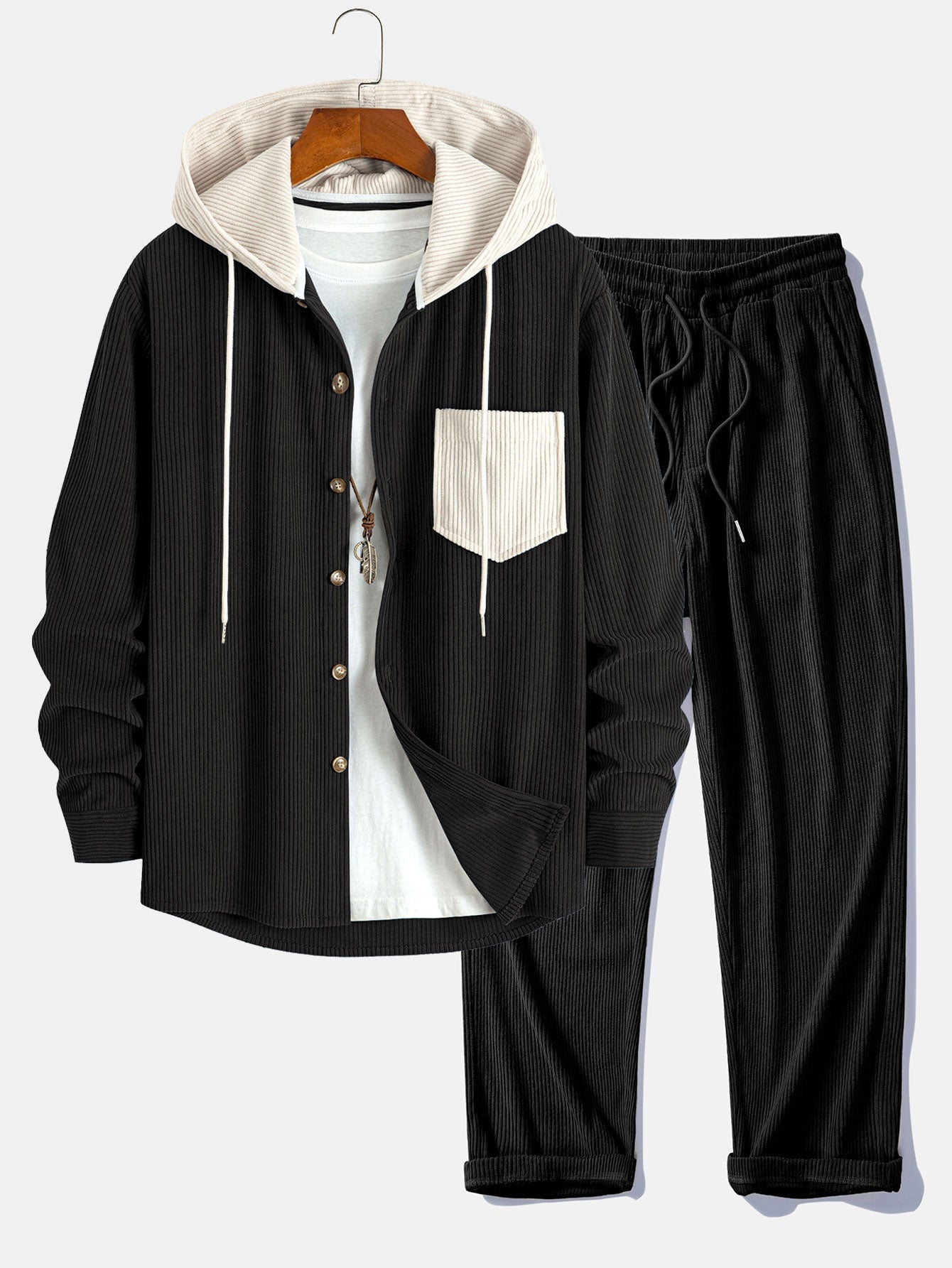 Long Sleeved Contrast Corduroy Hooded Shirt & Straight Leg Corduroy Pants