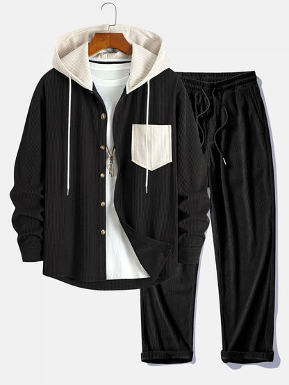 Long Sleeved Contrast Corduroy Hooded Shirt & Straight Leg Corduroy Pants