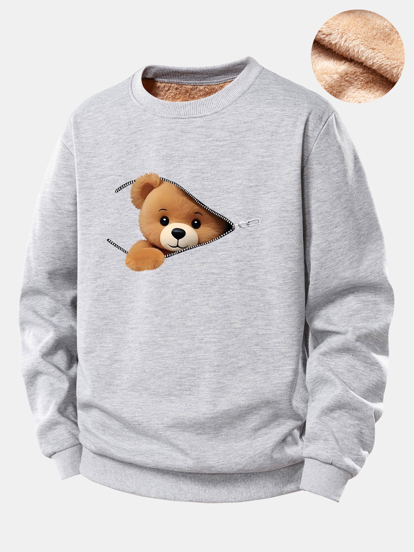 Zipper Bear Print Teddy Fleece Lined Sweatshirt