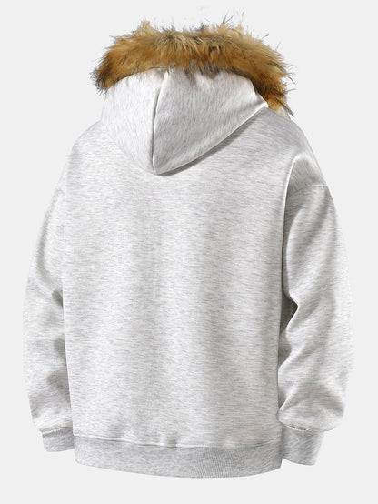 Relax Fit Faux Fur Collar Zip-Up Hoodie