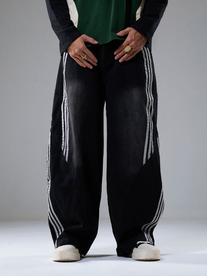 Denim Contrast Striped Stitching Barrel Jeans