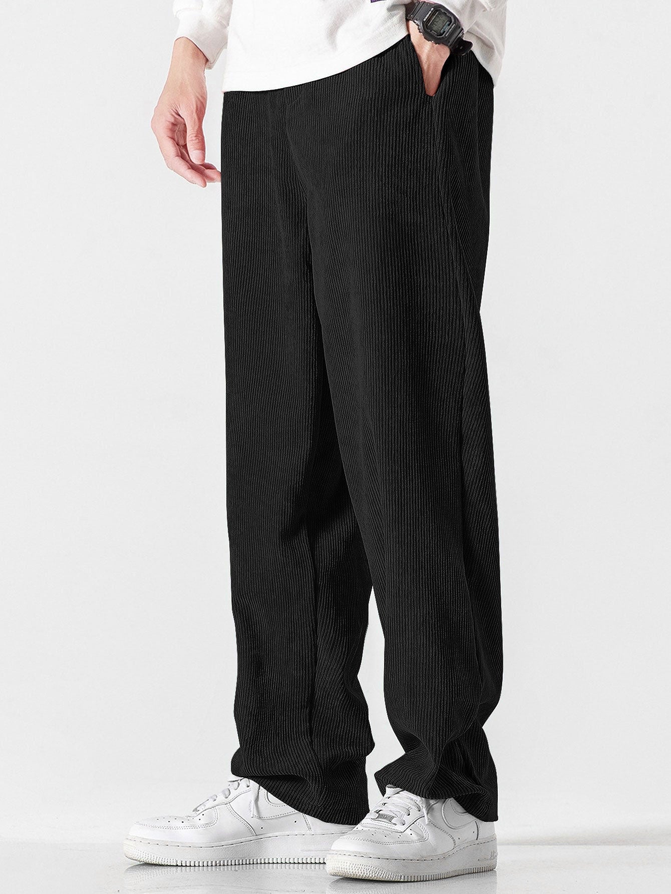 Long Sleeved Contrast Corduroy Hooded Shirt & Straight Leg Corduroy Pants