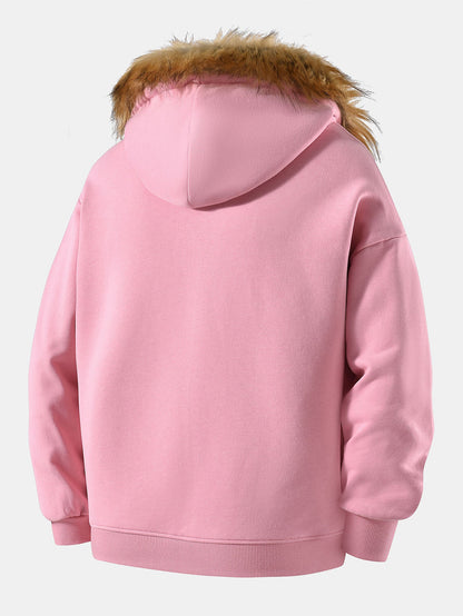 Relax Fit Faux Fur Collar Zip-Up Hoodie