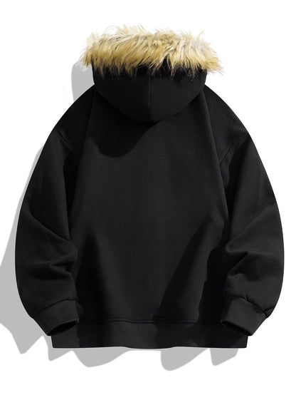 Relax Fit Faux Fur Collar Zip-Up Hoodie