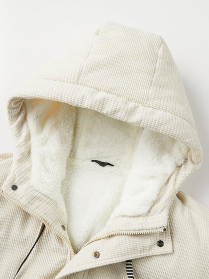 Teddy Lined Corduroy Hooded Puffer Coat