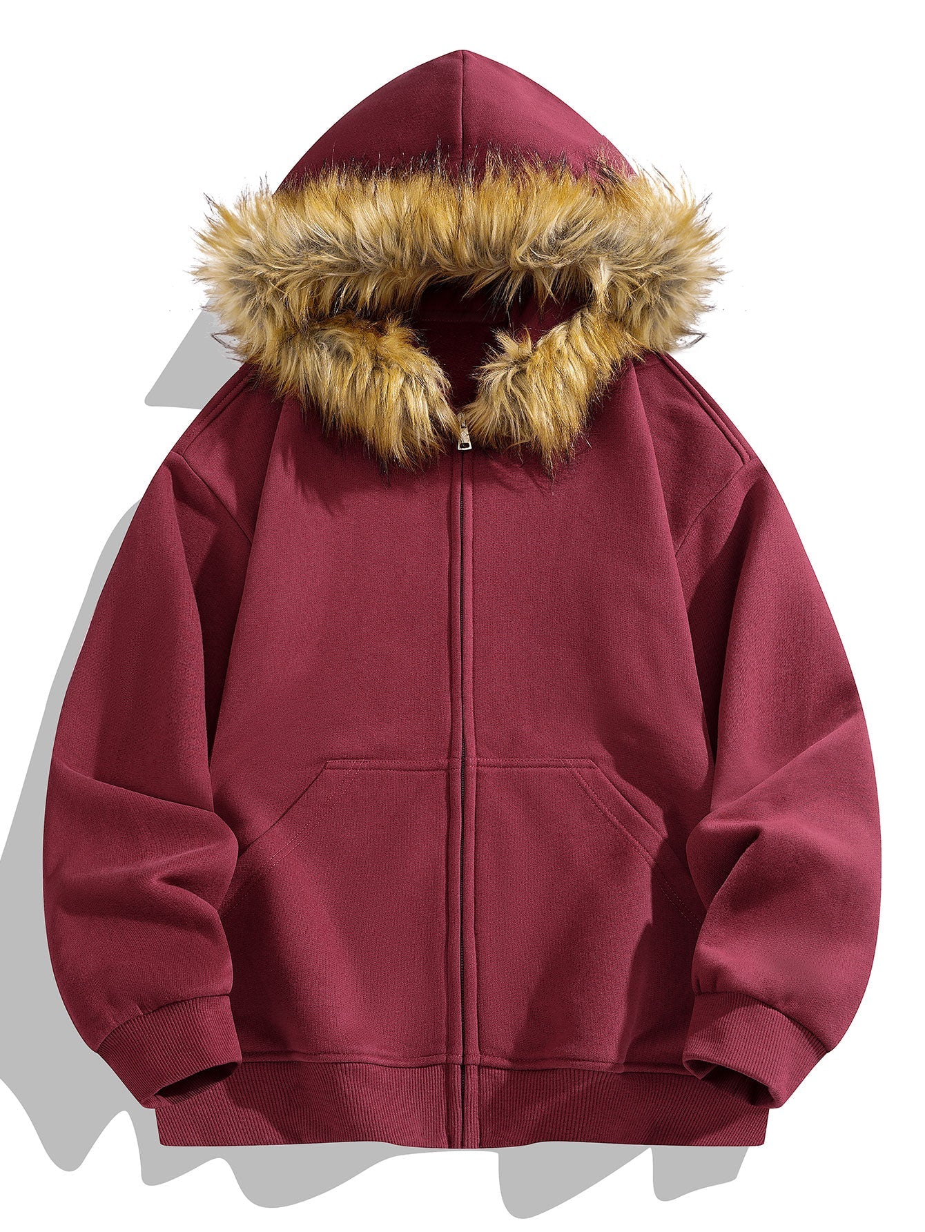 Relax Fit Faux Fur Collar Zip-Up Hoodie