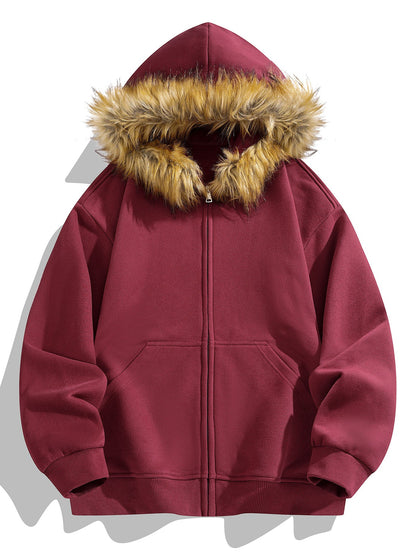 Relax Fit Faux Fur Collar Zip-Up Hoodie