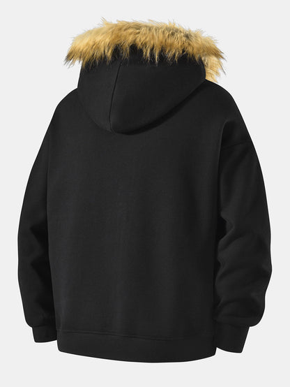 Relax Fit Faux Fur Collar Zip-Up Hoodie