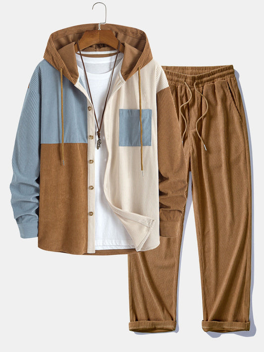 Relax Fit Colorblock Corduroy Hooded Shirt & Straight Leg Corduroy Pants