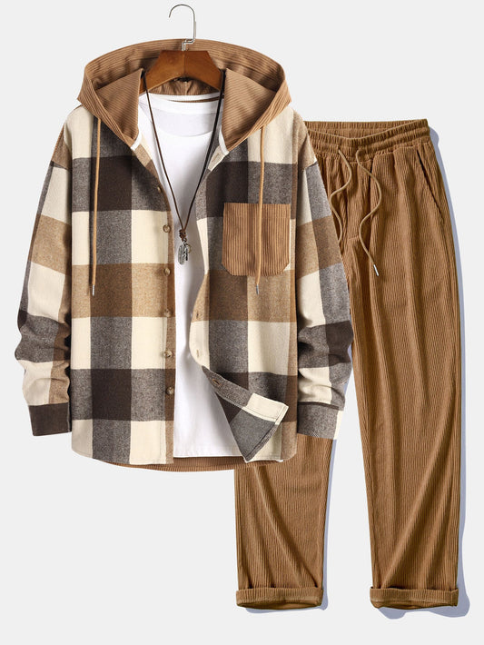 Relax Fit Flannel Plaid Corduroy Patchwork Hooded Shirt & Straight Leg Corduroy Pants