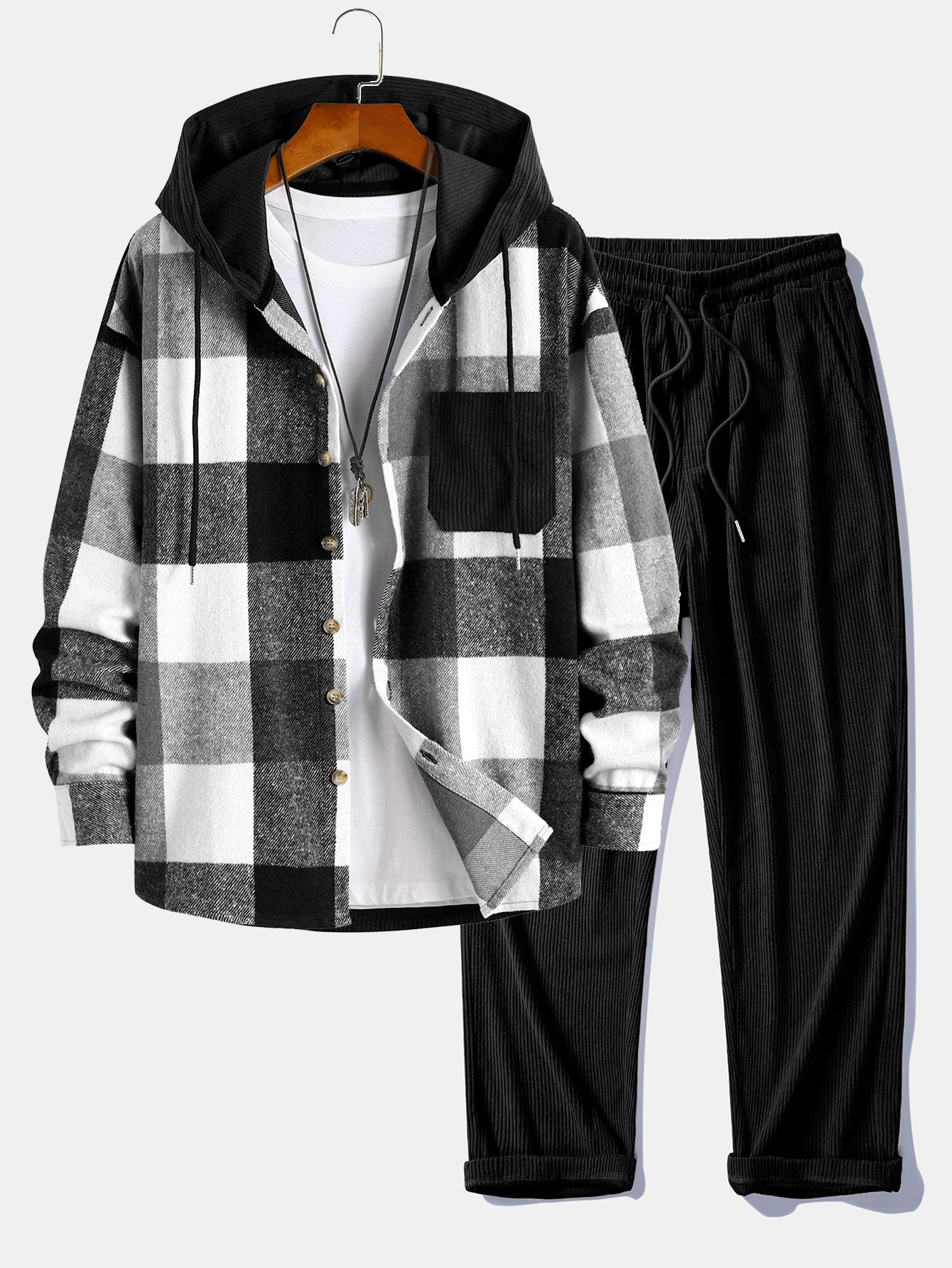 Relax Fit Flannel Plaid Corduroy Patchwork Hooded Shirt & Straight Leg Corduroy Pants