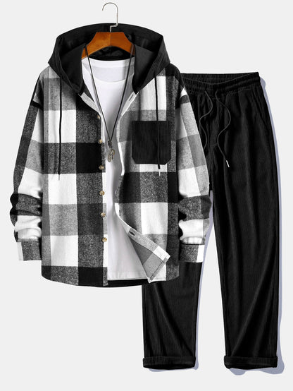 Relax Fit Flannel Plaid Corduroy Patchwork Hooded Shirt & Straight Leg Corduroy Pants