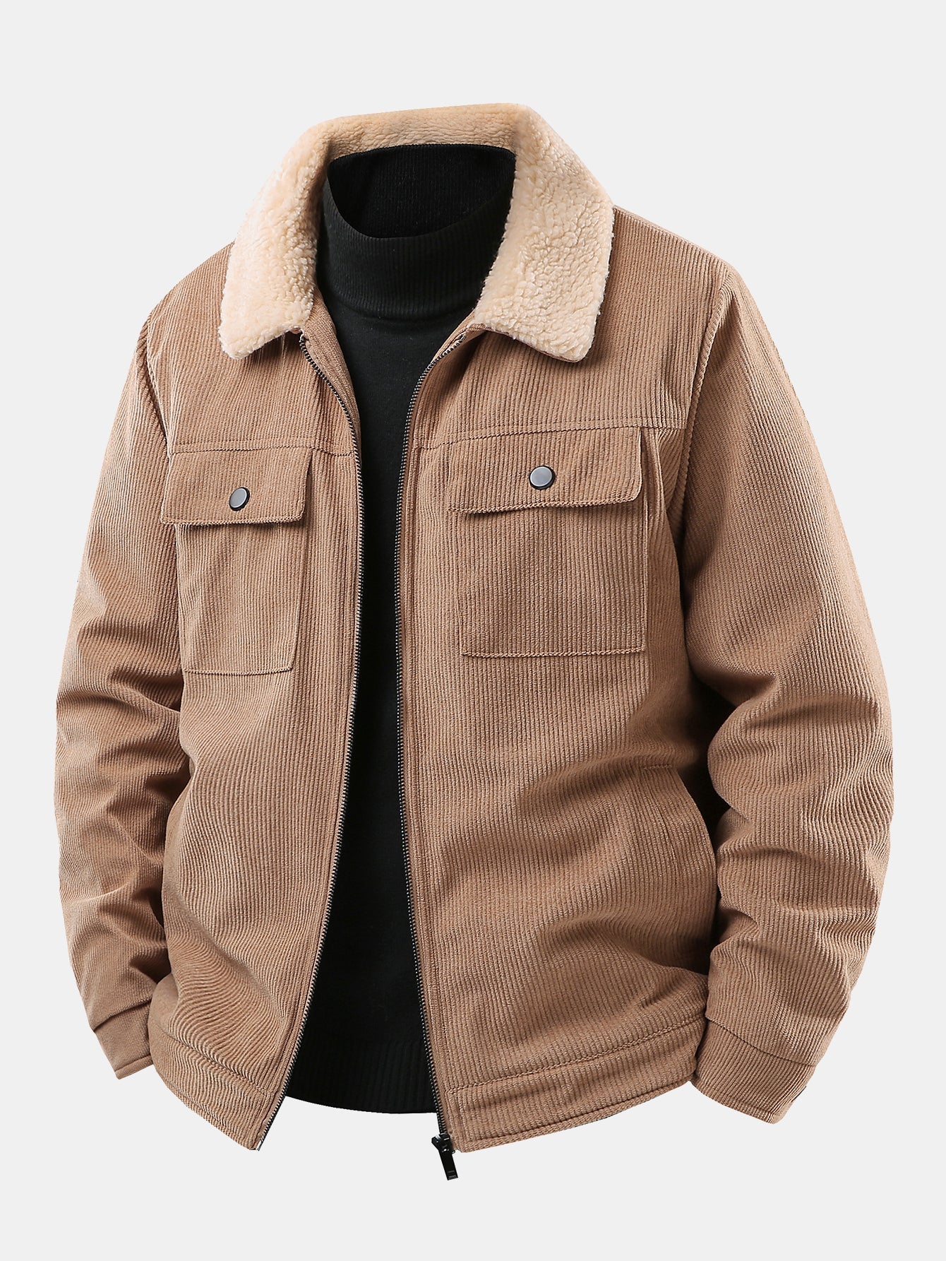 Teddy Lined Zip Up Corduroy Jacket With Pockets