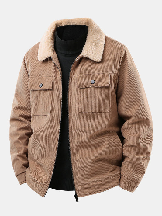Teddy Lined Zip Up Corduroy Jacket With Pockets
