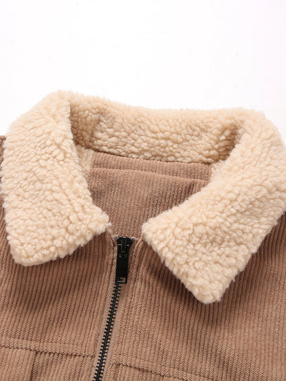 Teddy Lined Zip Up Corduroy Jacket With Pockets