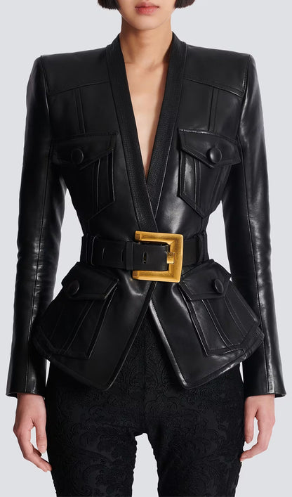 Button Belted Leather Jacket
