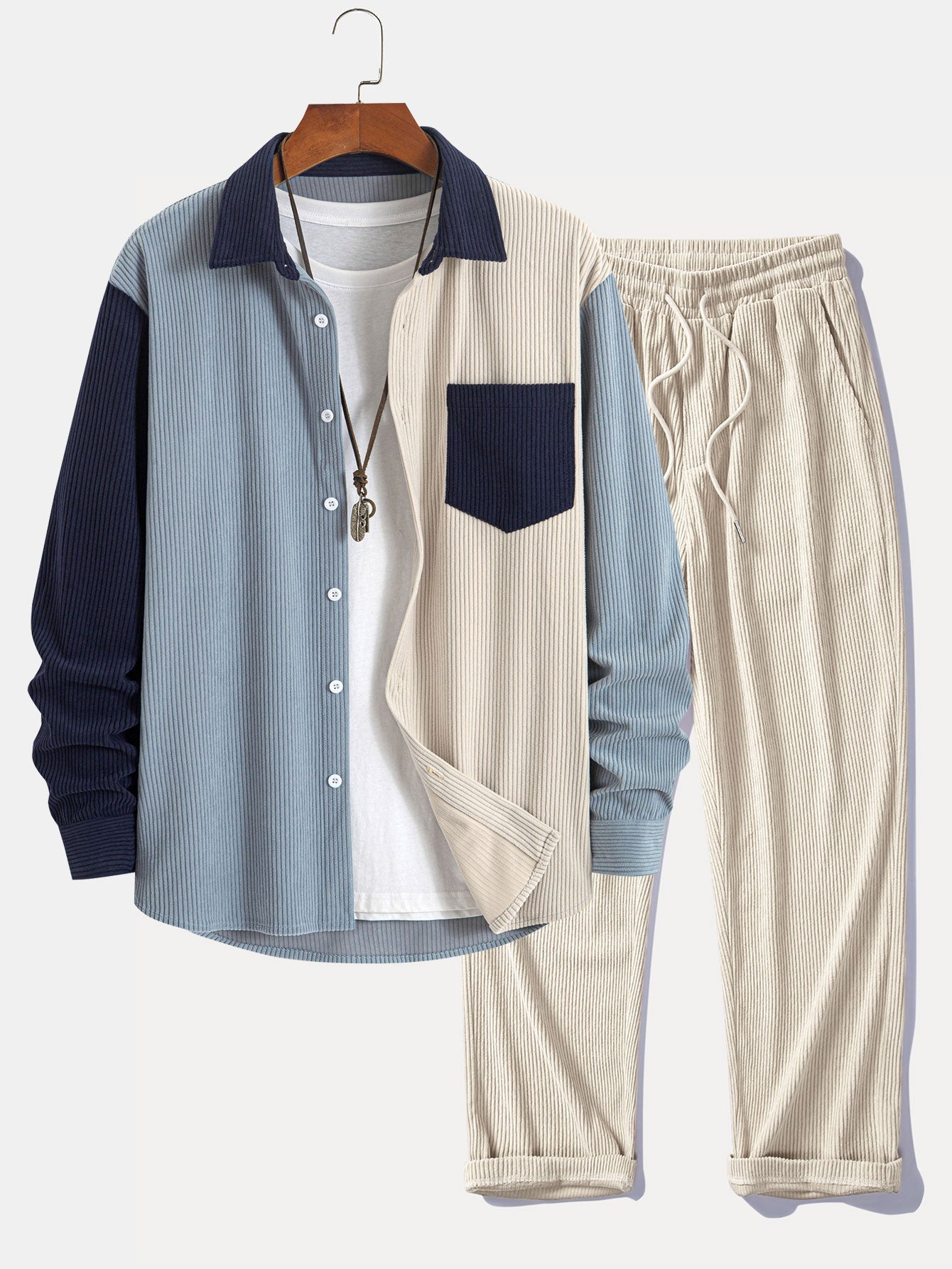 Corduroy Patchwork Shirt & Straight Leg Corduroy Pants
