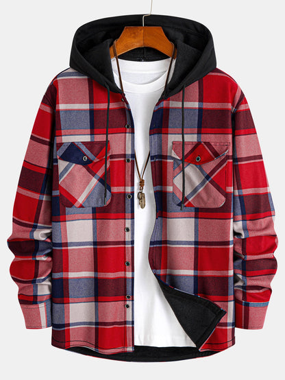 Flannel Fleece Lined Hooded Button Up Shirt