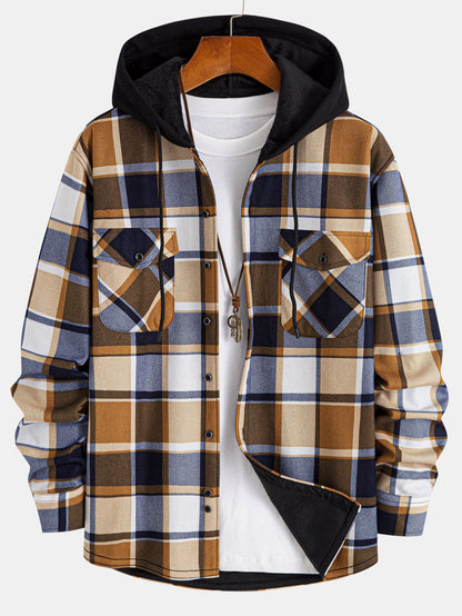 Flannel Fleece Lined Hooded Button Up Shirt