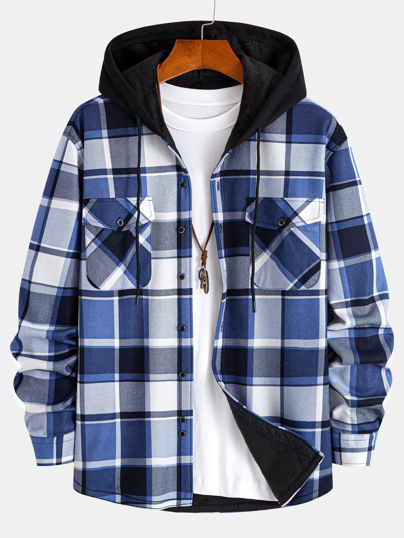 Flannel Fleece Lined Hooded Button Up Shirt