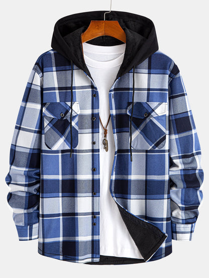 Flannel Fleece Lined Hooded Button Up Shirt