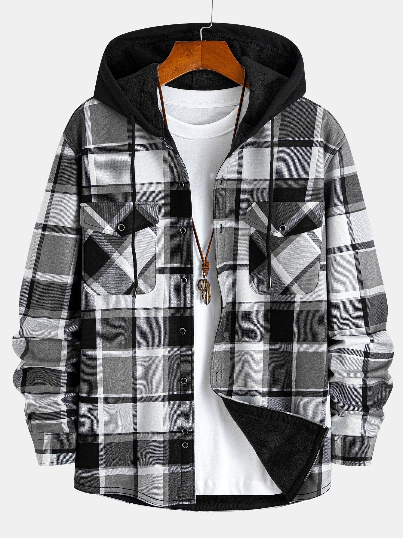 Flannel Fleece Lined Hooded Button Up Shirt