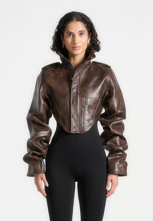 Solange - Vintage Leather Tacked Sleeve Corset Jacket