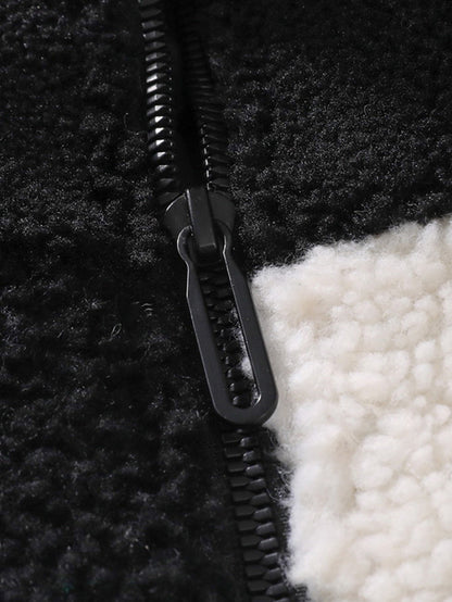 Teddy Fleece Checkerboard Stand Collar Jacket