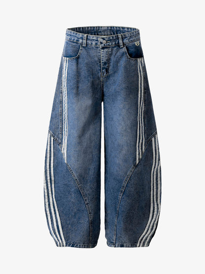 Denim Contrast Striped Stitching Barrel Jeans