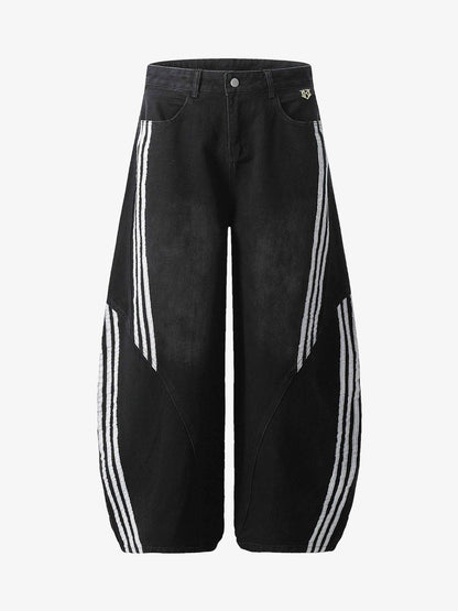 Denim Contrast Striped Stitching Barrel Jeans