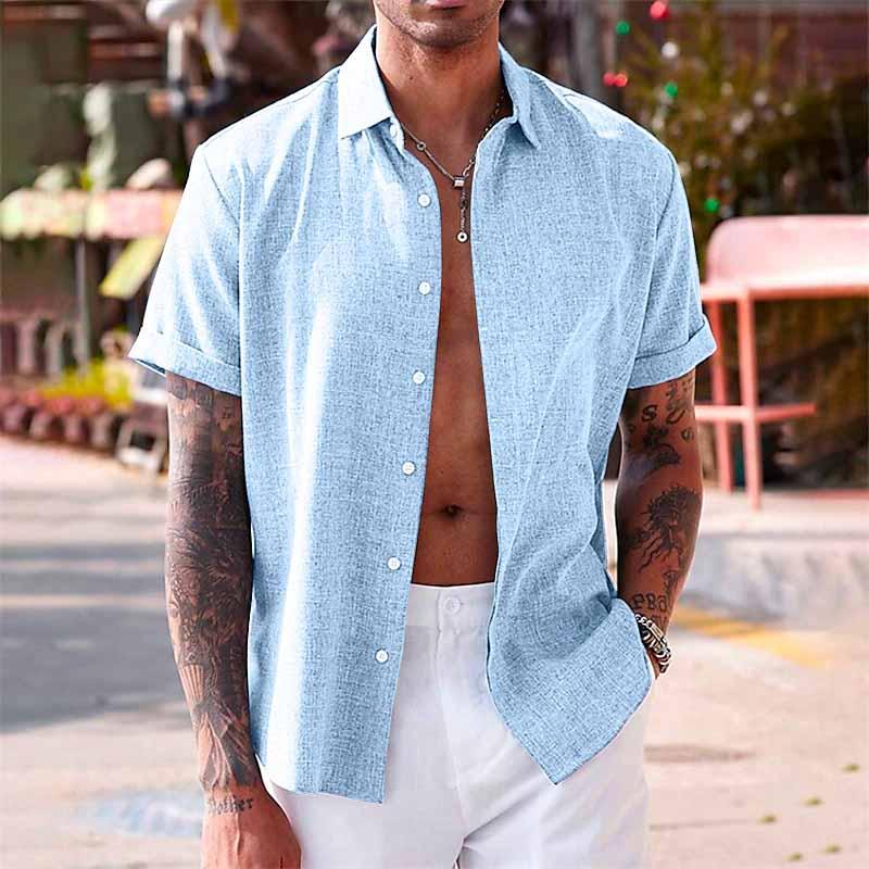 Men's Lapel Cotton Linen Short Sleeve Shirt
