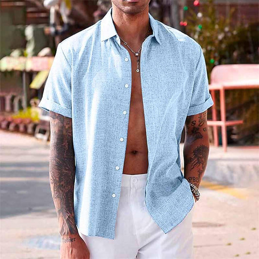 Men's Lapel Cotton Linen Short Sleeve Shirt