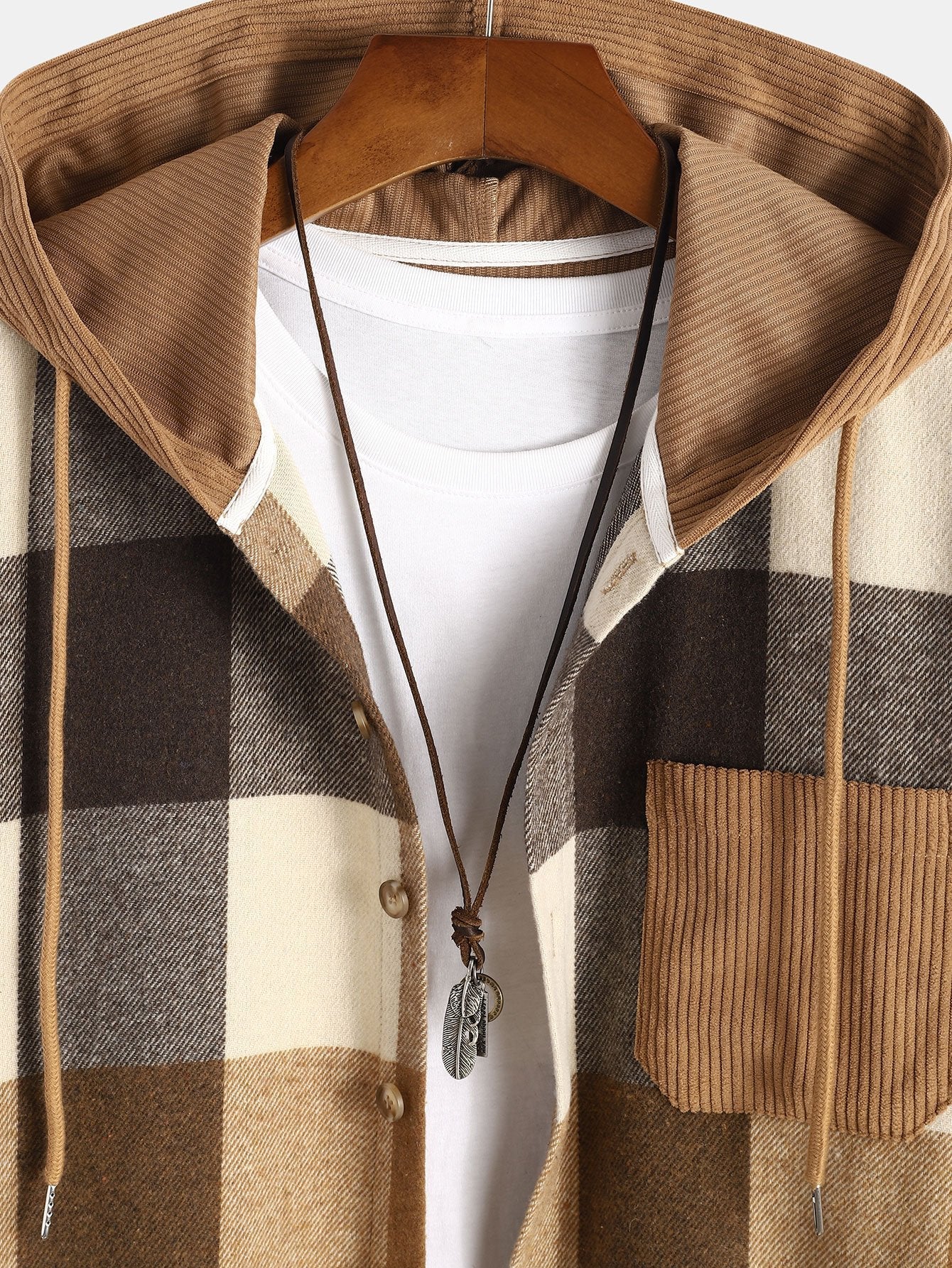 Relax Fit Flannel Plaid Corduroy Patchwork Hooded Shirt & Straight Leg Corduroy Pants